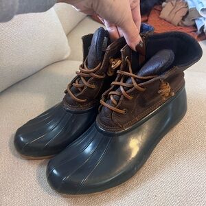 Brown and Blue Duck Boots